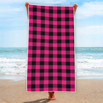Pink And Black Buffalo Plaid Print Beach Towel