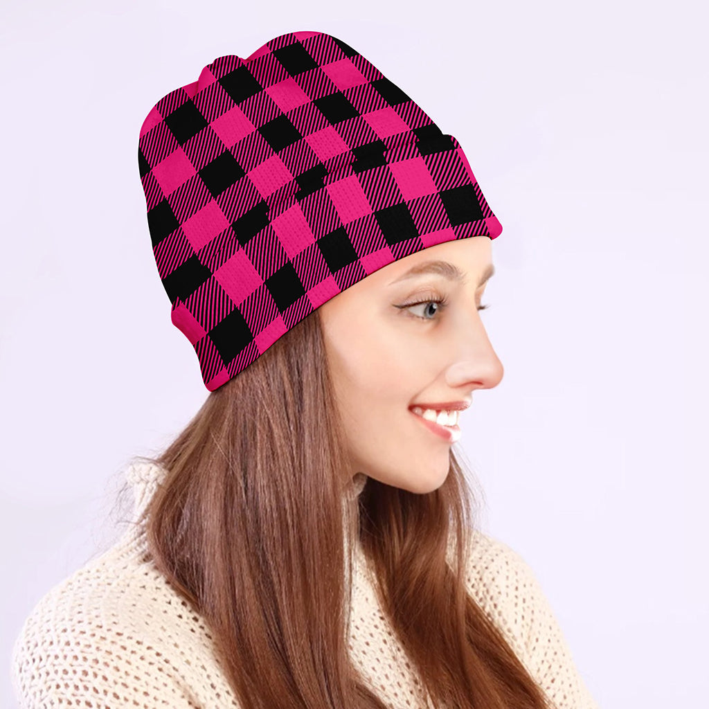 Pink And Black Buffalo Plaid Print Beanie