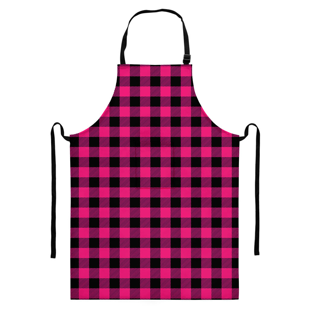 Pink And Black Buffalo Plaid Print Bib Apron With Pocket