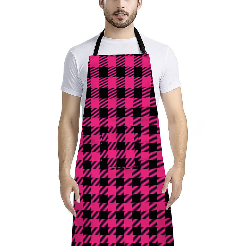 Pink And Black Buffalo Plaid Print Bib Apron With Pocket