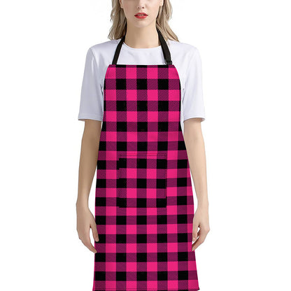 Pink And Black Buffalo Plaid Print Bib Apron With Pocket