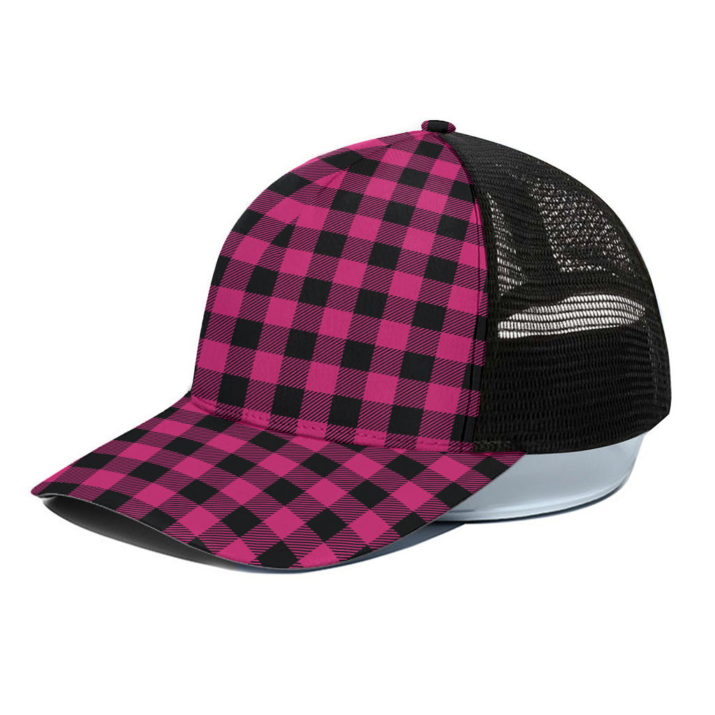 Pink And Black Buffalo Plaid Print Black Mesh Trucker Cap