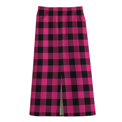Pink And Black Buffalo Plaid Print Cotton Front Slit Maxi Skirt