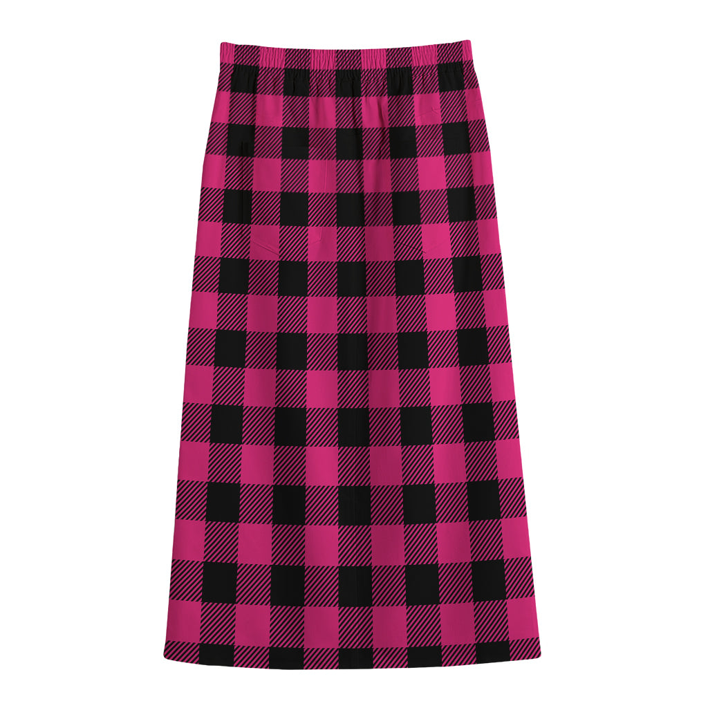 Pink And Black Buffalo Plaid Print Cotton Front Slit Maxi Skirt