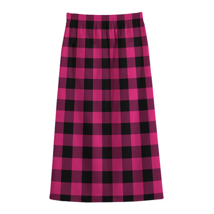 Pink And Black Buffalo Plaid Print Cotton Front Slit Maxi Skirt