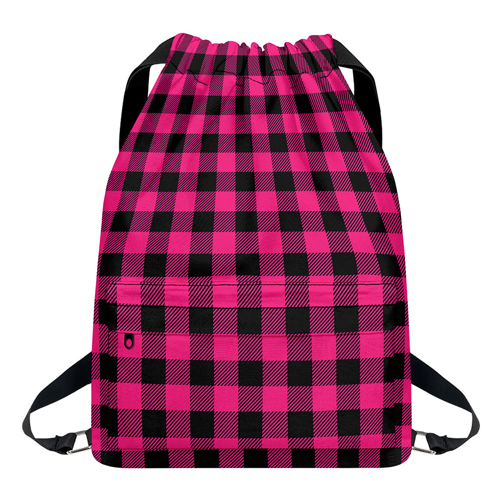 Pink And Black Buffalo Plaid Print Drawstring Backpack