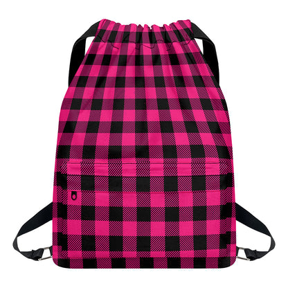 Pink And Black Buffalo Plaid Print Drawstring Backpack
