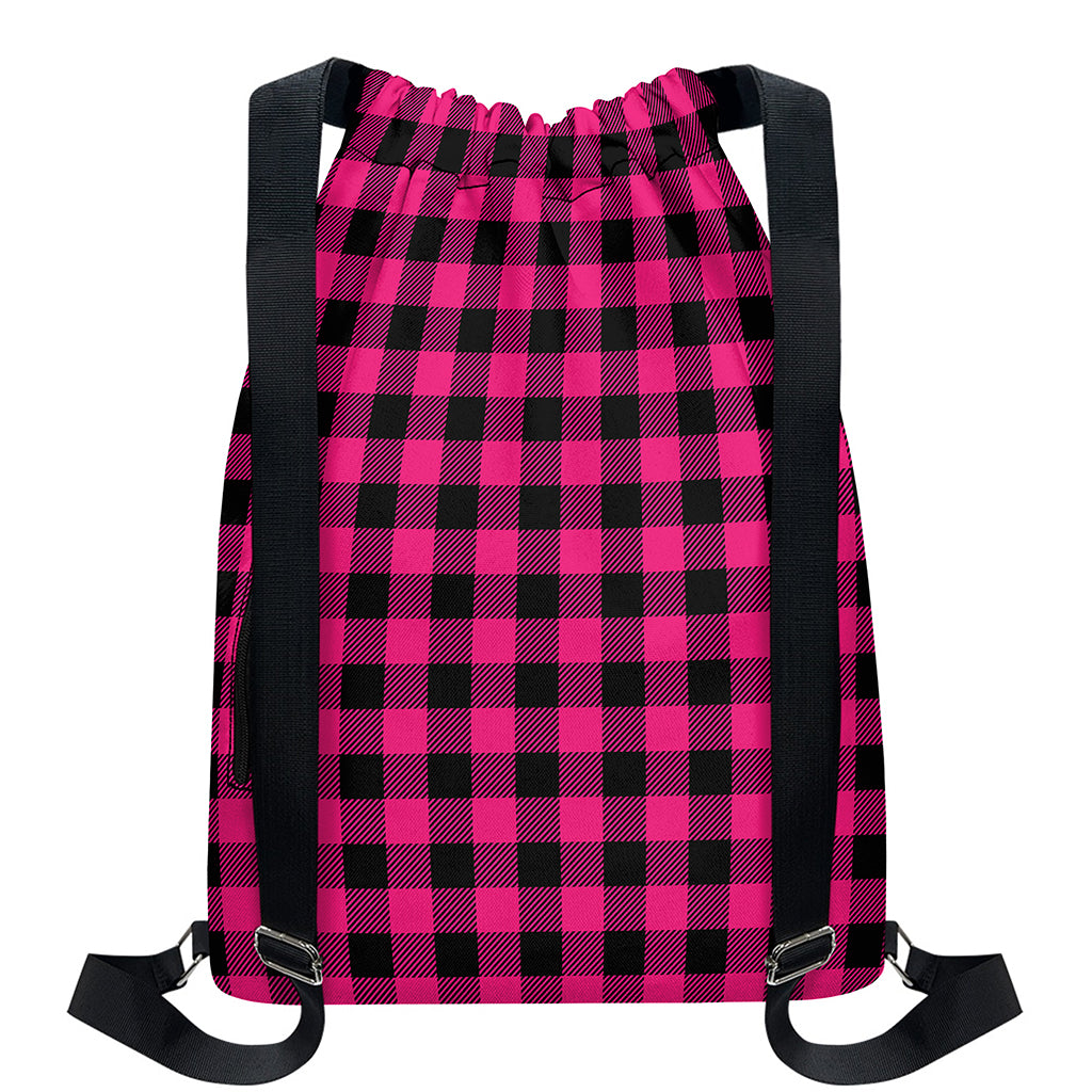 Pink And Black Buffalo Plaid Print Drawstring Backpack