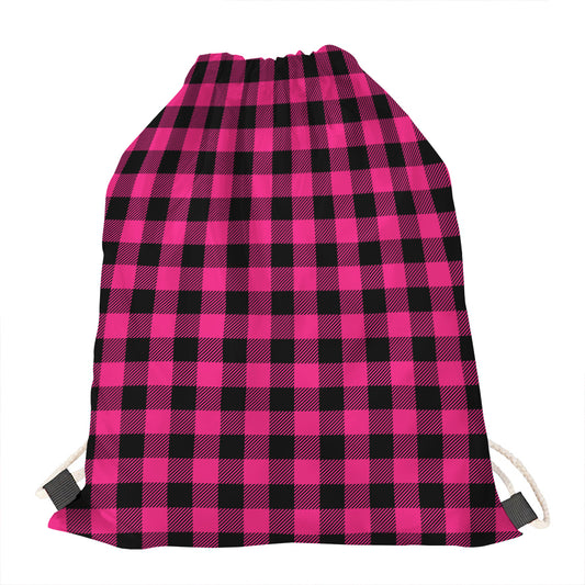 Pink And Black Buffalo Plaid Print Drawstring Bag