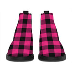 Pink And Black Buffalo Plaid Print Flat Ankle Boots