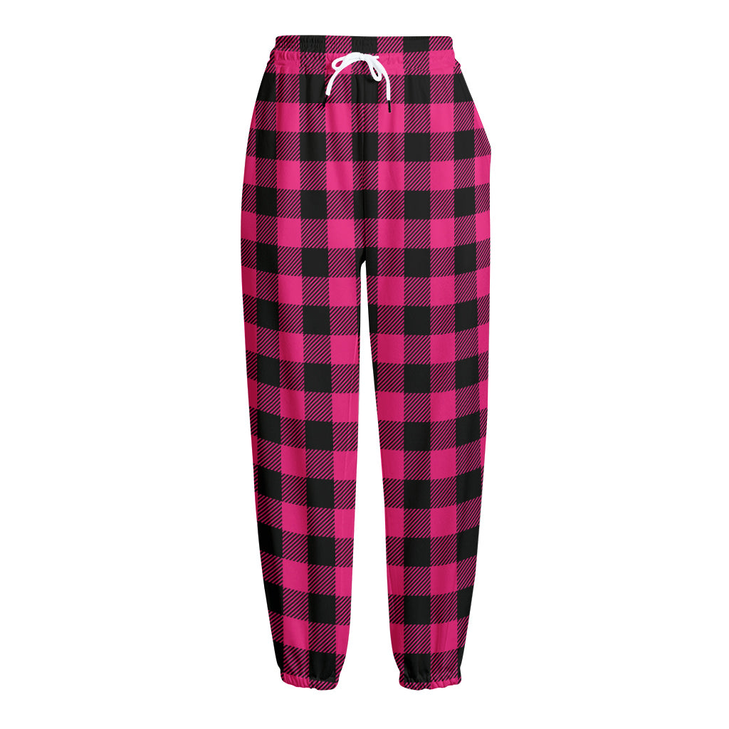 Pink And Black Buffalo Plaid Print Fleece Lined Knit Pants