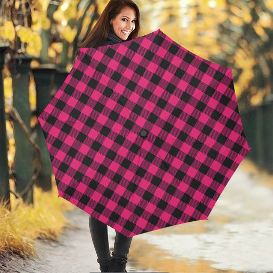 Pink And Black Buffalo Plaid Print Foldable Umbrella
