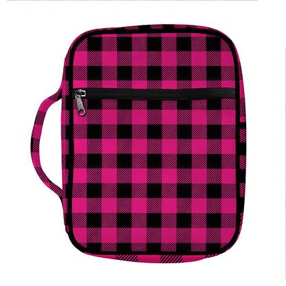 Pink And Black Buffalo Plaid Print Front Pocket Bible Bag