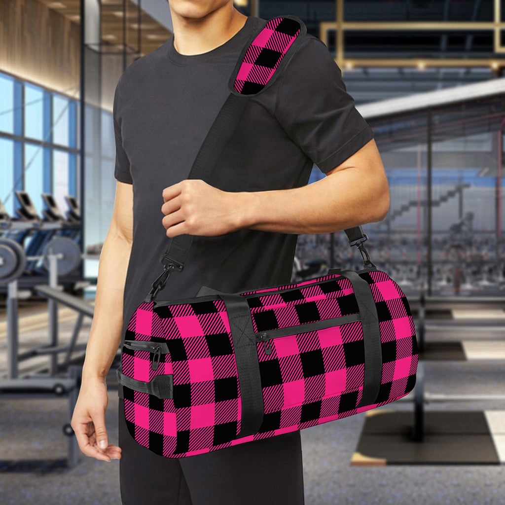 Pink And Black Buffalo Plaid Print Gym Bag