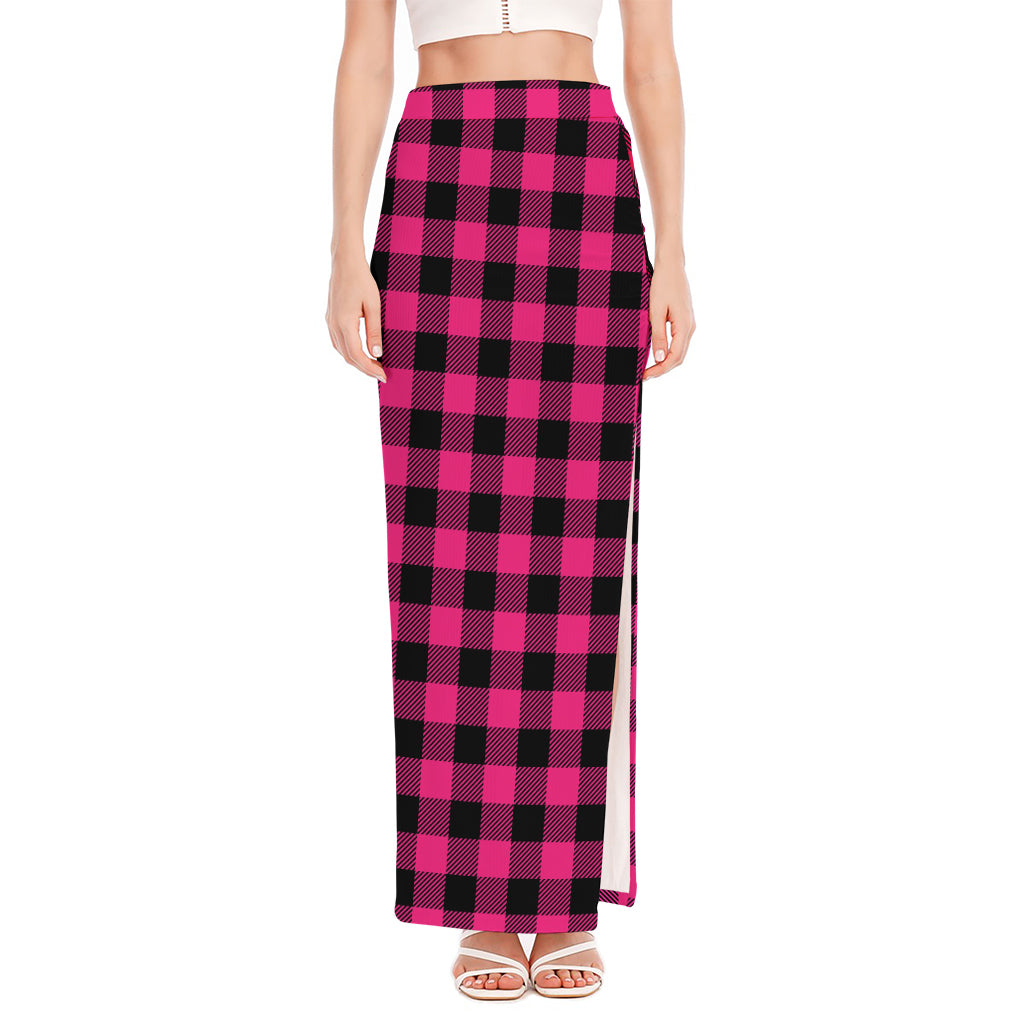 Pink And Black Buffalo Plaid Print High Slit Maxi Skirt