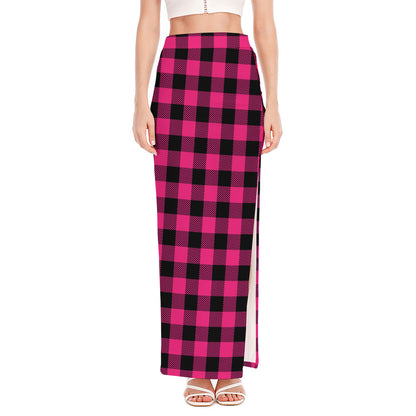 Pink And Black Buffalo Plaid Print High Slit Maxi Skirt