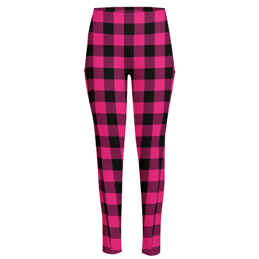 Pink And Black Buffalo Plaid Print High-Waisted Pocket Leggings