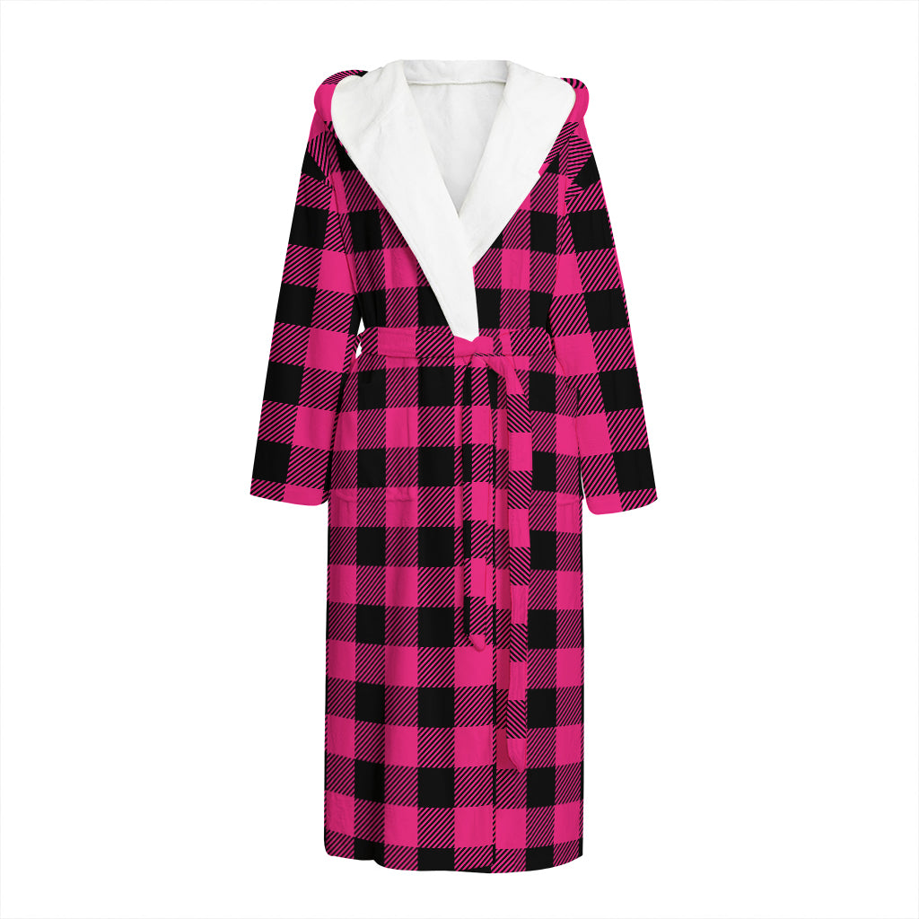 Pink And Black Buffalo Plaid Print Hooded Bathrobe