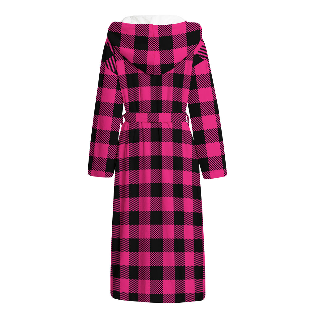 Pink And Black Buffalo Plaid Print Hooded Bathrobe