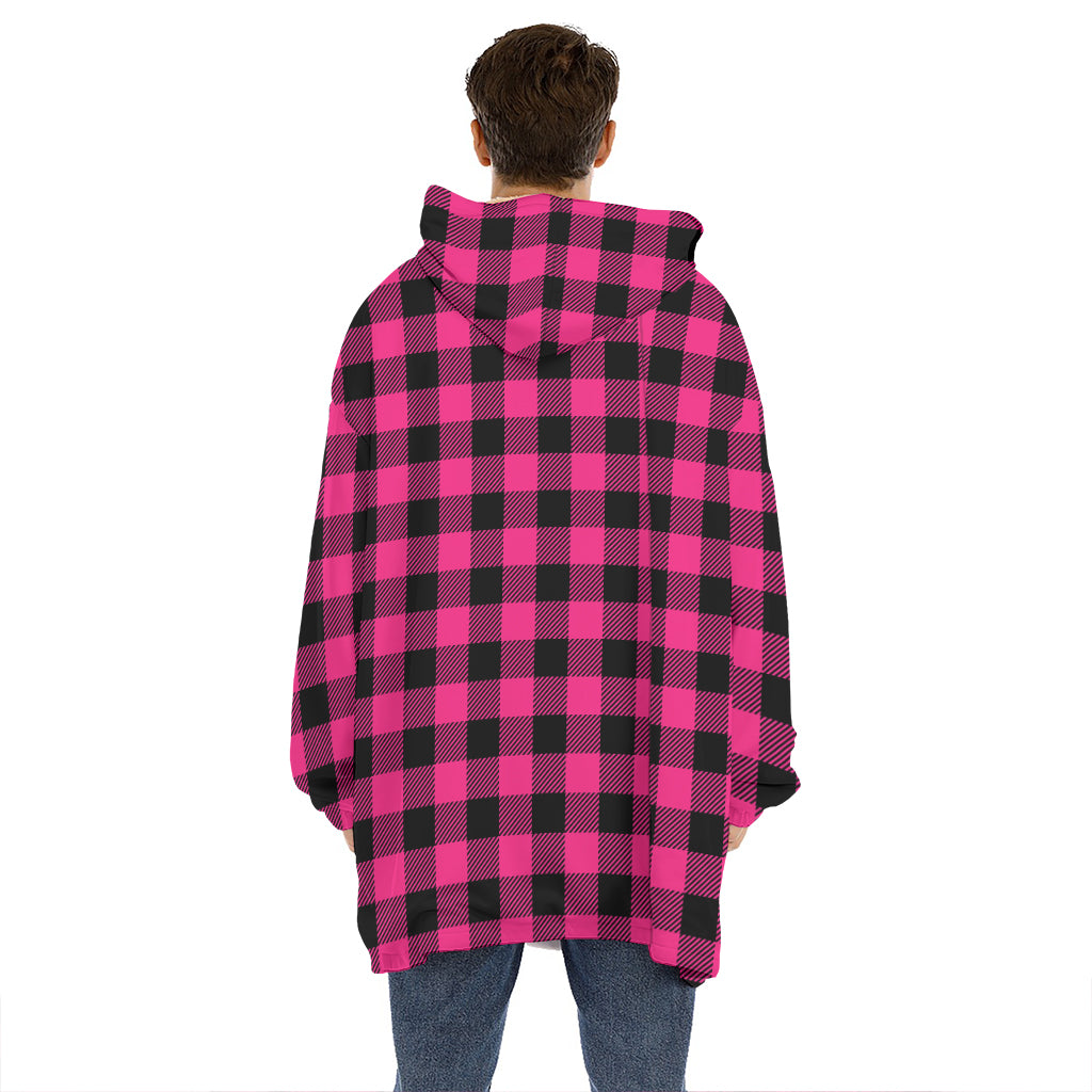 Pink And Black Buffalo Plaid Print Hoodie Blanket
