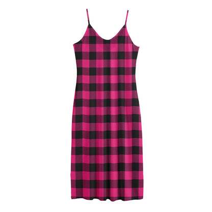 Pink And Black Buffalo Plaid Print Jersey Midi Cami Dress