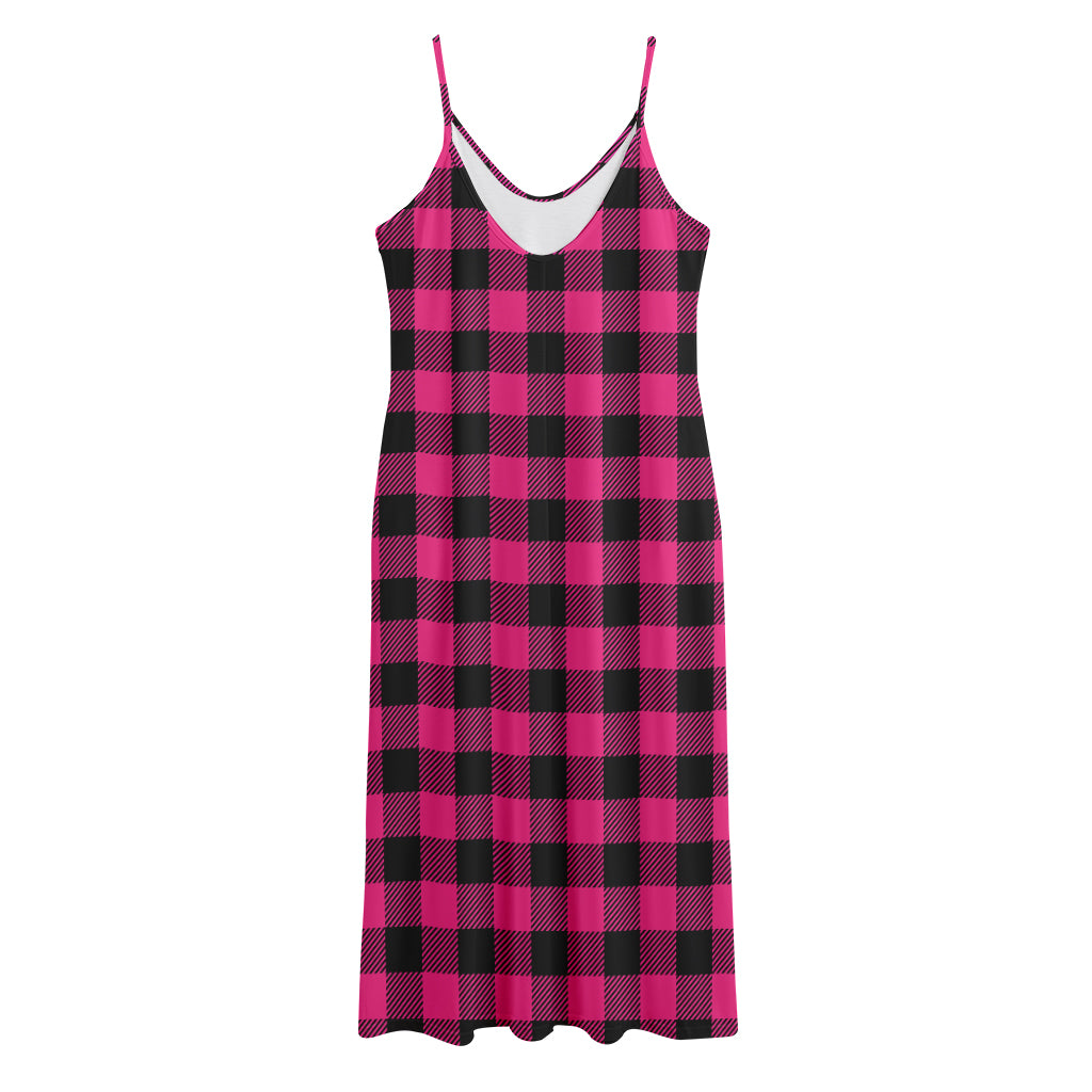 Pink And Black Buffalo Plaid Print Jersey Midi Cami Dress