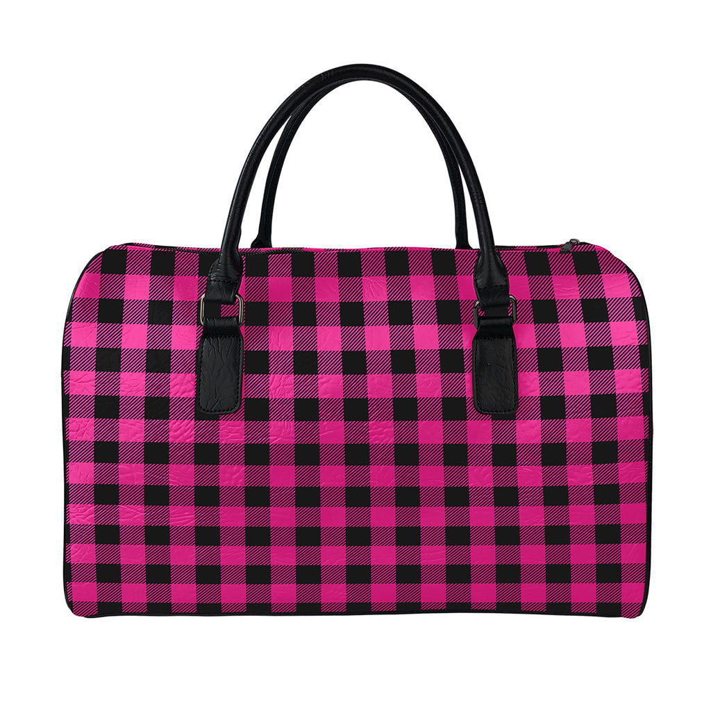 Pink And Black Buffalo Plaid Print Leather Duffle Bag