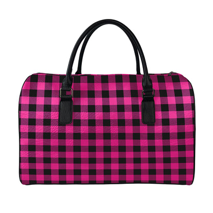 Pink And Black Buffalo Plaid Print Leather Duffle Bag