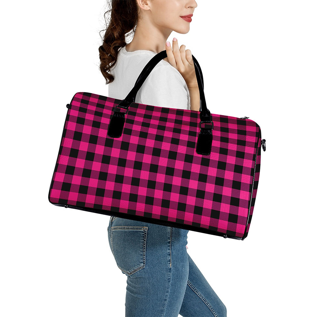 Pink And Black Buffalo Plaid Print Leather Duffle Bag