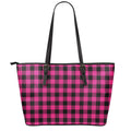 Pink And Black Buffalo Plaid Print Leather Tote Bag With Zipper