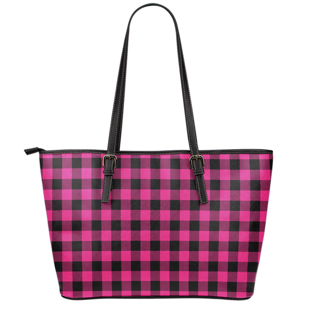 Pink And Black Buffalo Plaid Print Leather Tote Bag