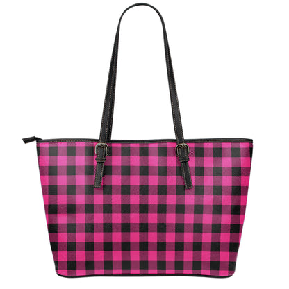 Pink And Black Buffalo Plaid Print Leather Tote Bag