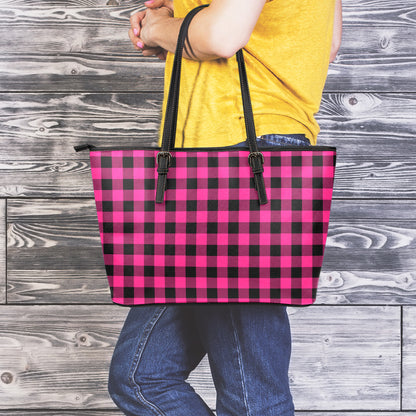 Pink And Black Buffalo Plaid Print Leather Tote Bag