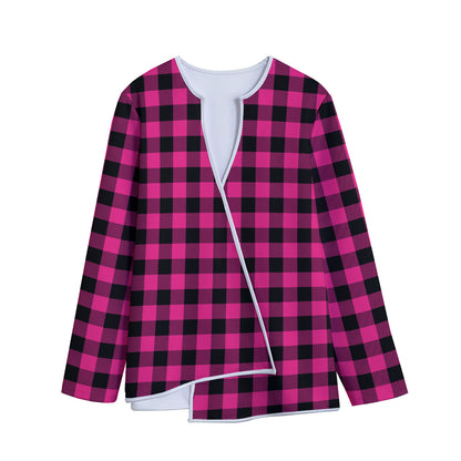 Pink And Black Buffalo Plaid Print Long Sleeve Short Coat