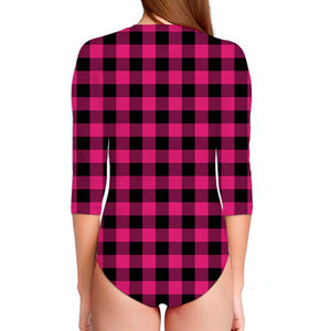 Pink And Black Buffalo Plaid Print Long Sleeve Swimsuit
