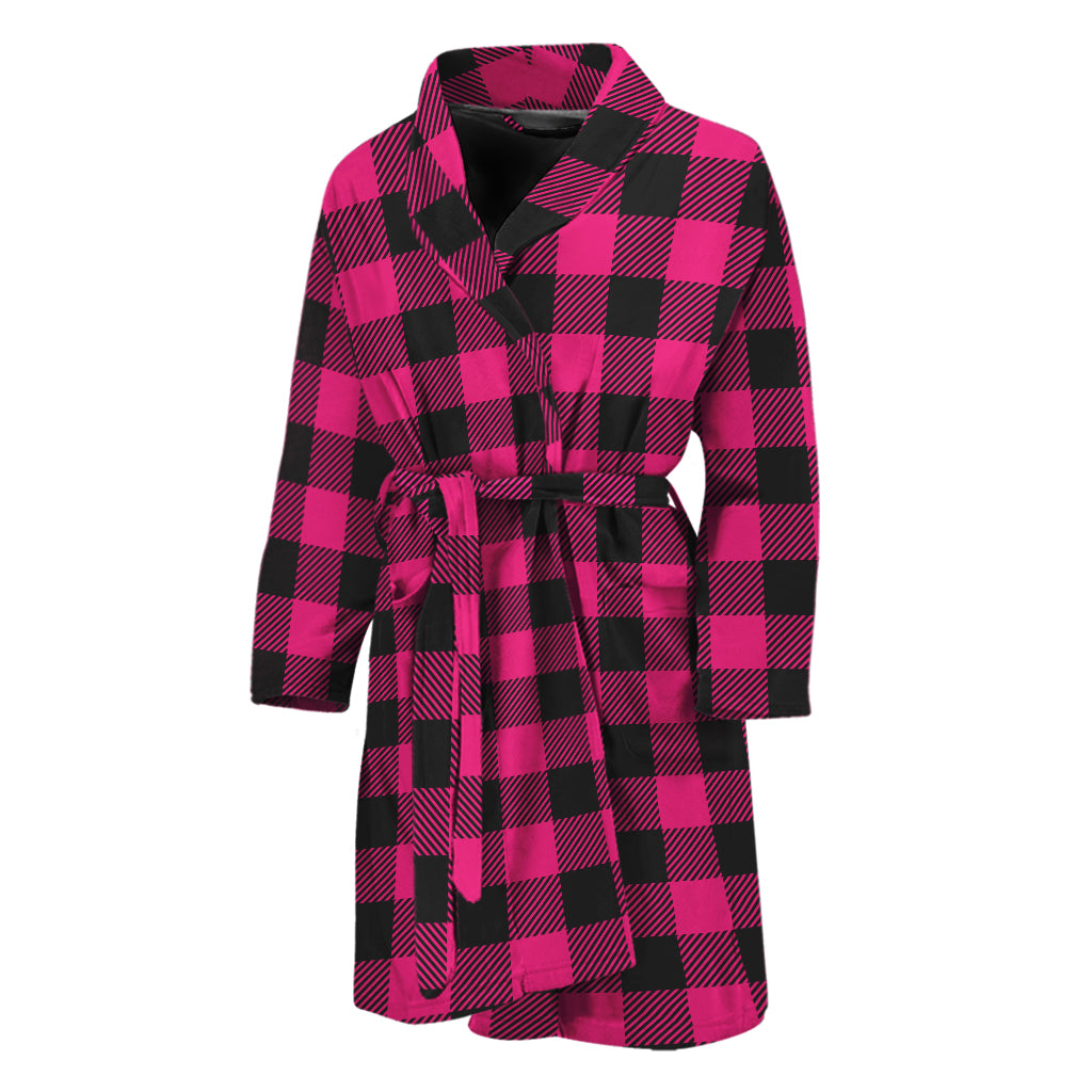 Pink And Black Buffalo Plaid Print Men's Bathrobe