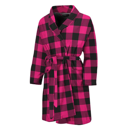 Pink And Black Buffalo Plaid Print Men's Bathrobe