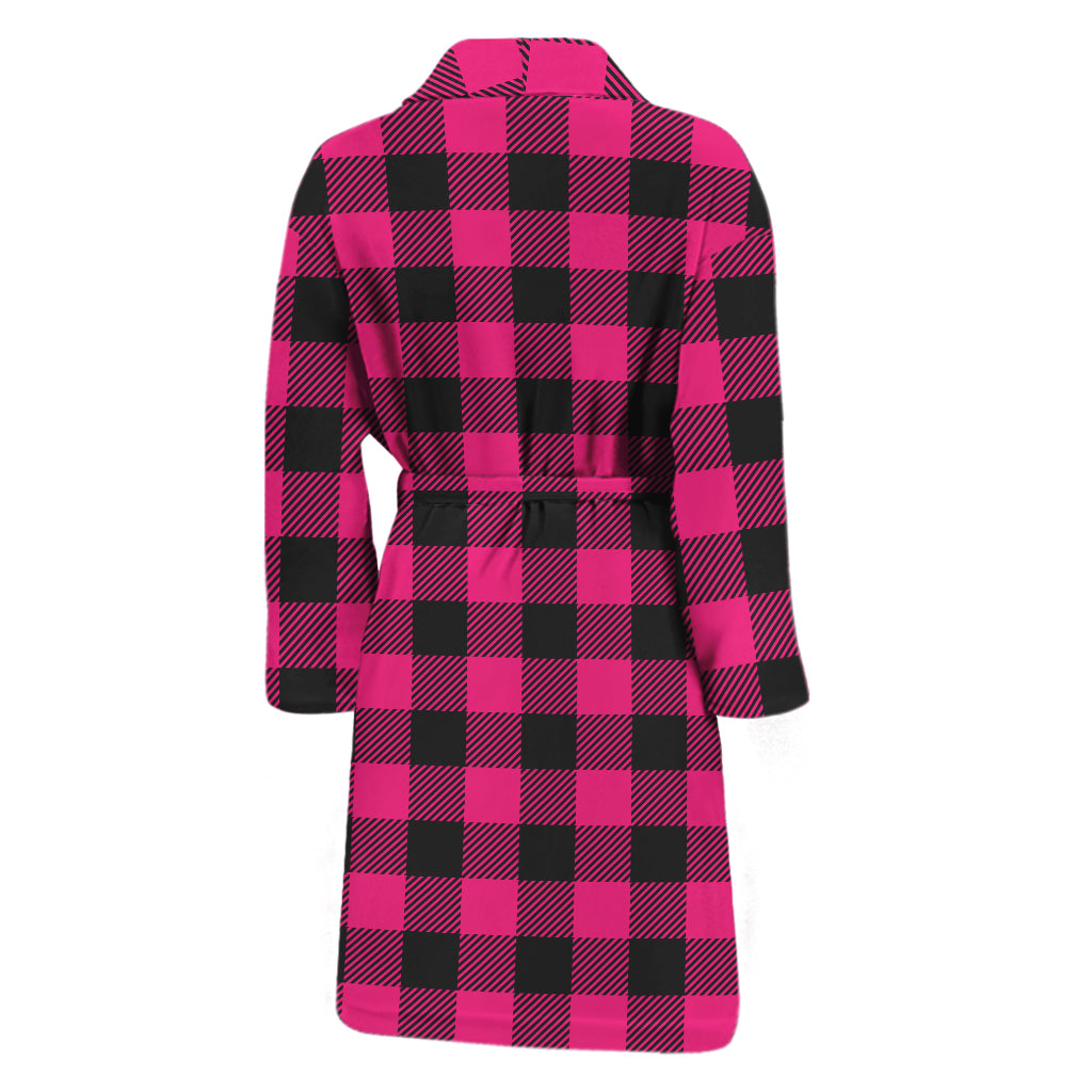 Pink And Black Buffalo Plaid Print Men's Bathrobe