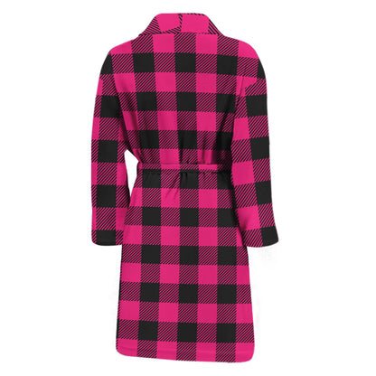 Pink And Black Buffalo Plaid Print Men's Bathrobe