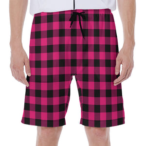 Pink And Black Buffalo Plaid Print Men's Beach Shorts