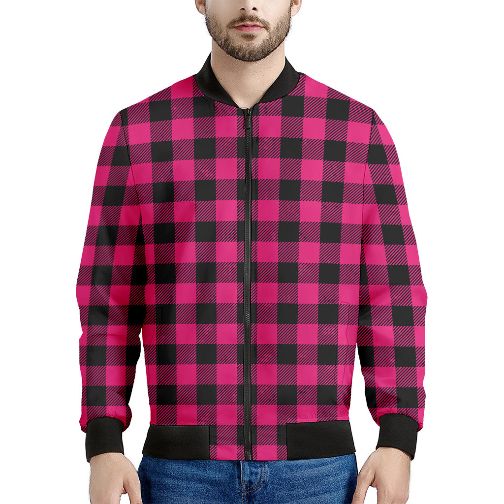 Pink And Black Buffalo Plaid Print Men's Bomber Jacket