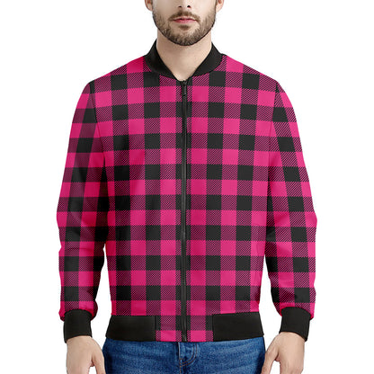 Pink And Black Buffalo Plaid Print Men's Bomber Jacket