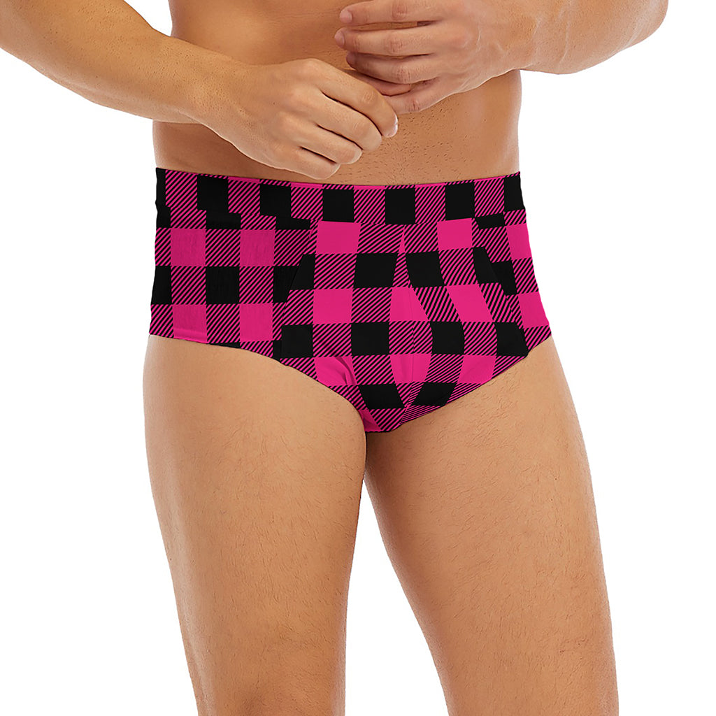 Pink And Black Buffalo Plaid Print Men's Briefs
