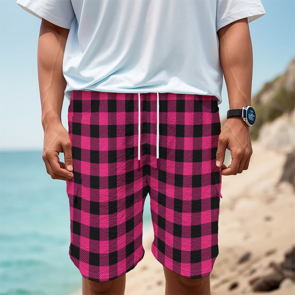 Pink And Black Buffalo Plaid Print Men's Cargo Shorts