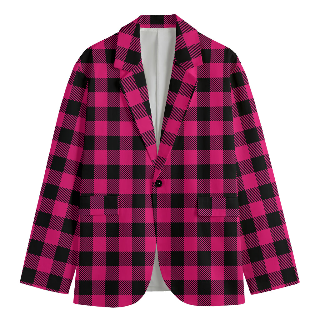 Pink And Black Buffalo Plaid Print Men's Cotton Blazer