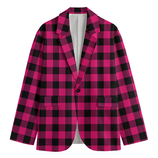 Pink And Black Buffalo Plaid Print Men's Cotton Blazer