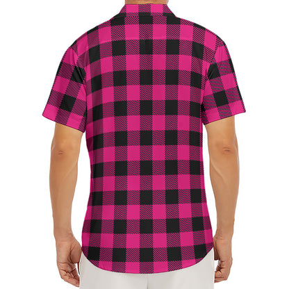 Pink And Black Buffalo Plaid Print Men's Deep V-Neck Shirt