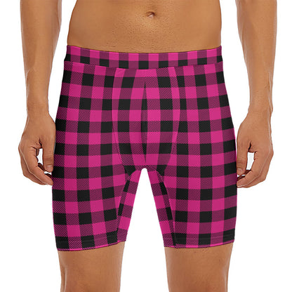 Pink And Black Buffalo Plaid Print Men's Long Boxer Briefs