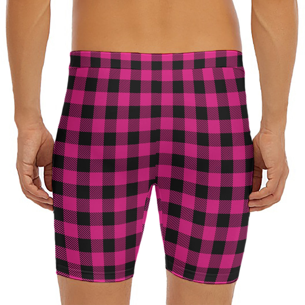 Pink And Black Buffalo Plaid Print Men's Long Boxer Briefs