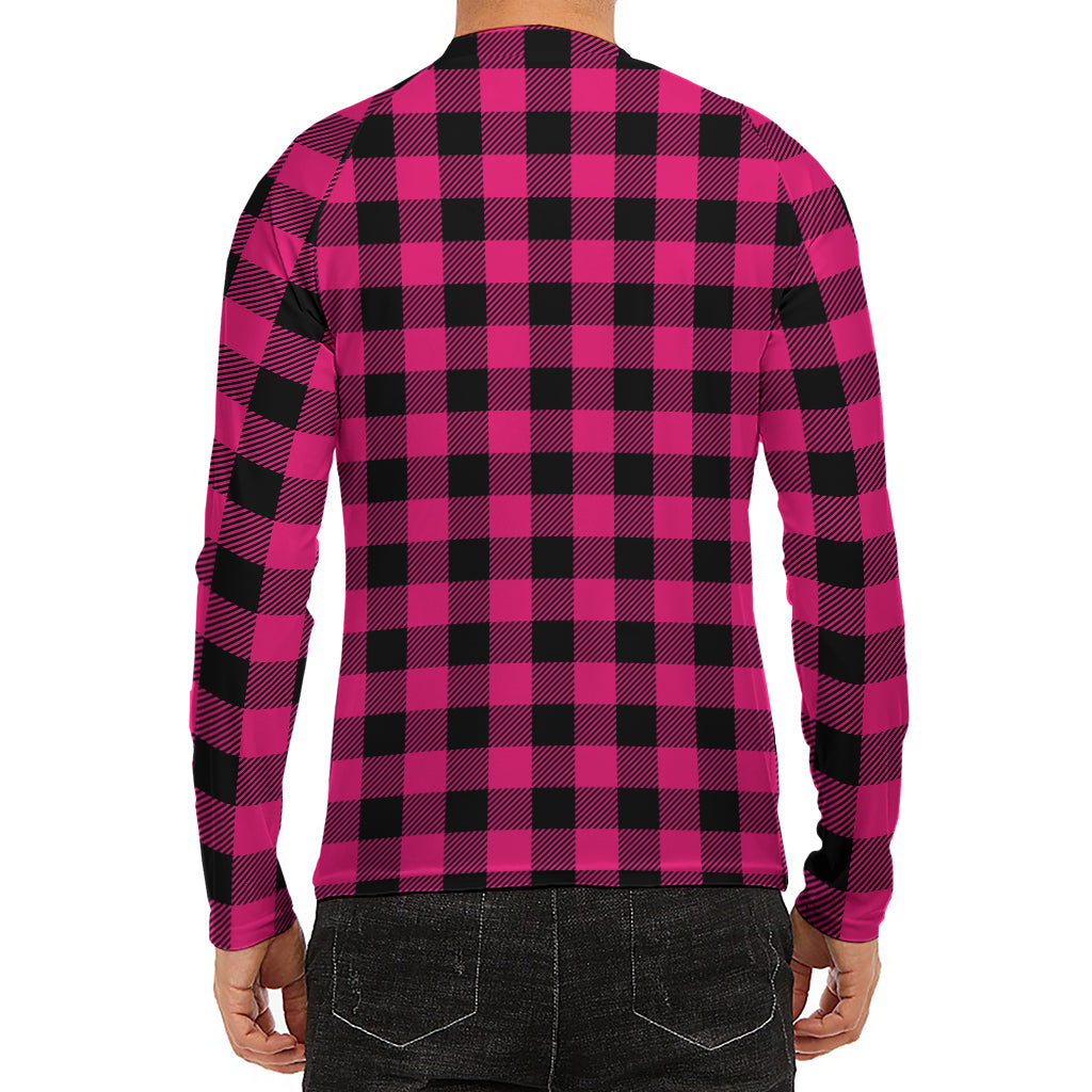 Pink And Black Buffalo Plaid Print Men's Long Sleeve Rash Guard